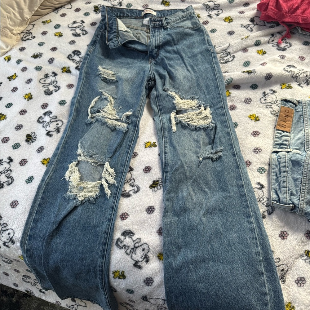 Blue Flare Wide Leg Jeans with Distressed Details